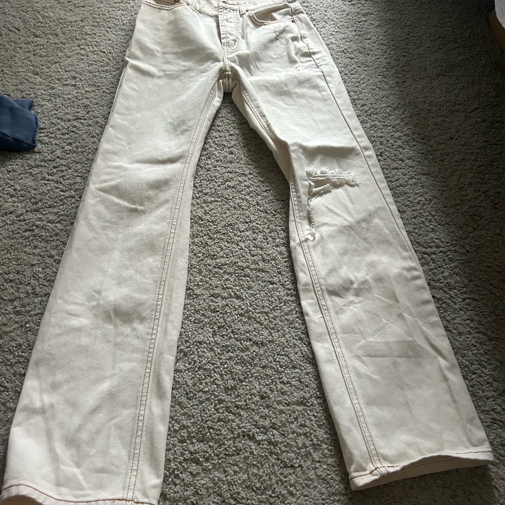 Women's Cream Distressed Straight Leg Jeans / Painters Pants